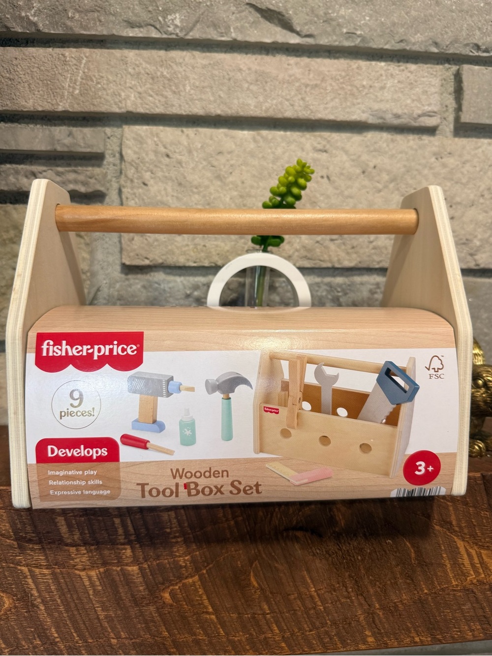 Fisher-Price Wooden Tool Box Set with Red and Blue Accents